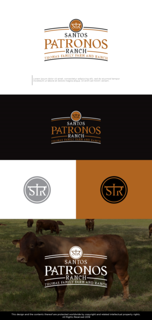 Must have the name of the ranch: Santos Patronos Ranch. Maybe include: Thomas Family Farm and Ranch. Registered BeefMaster and Texas Pecans | Logo Design by Kim Ji