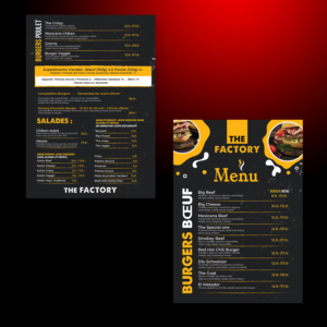 Menu for burgers the restaurant will be called 'THE FACTORY' | Menu Design by Maxo-Biz