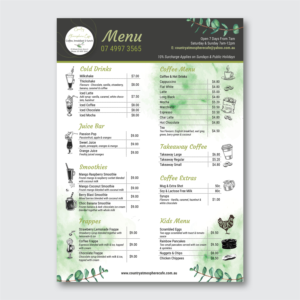 Menü-Design von Manobo Graphic Design Services für Country Atmosphere Cafe | Design: #25978283