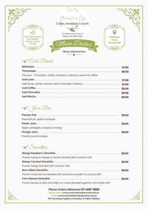 Menü-Design von SAI DESIGNS für Country Atmosphere Cafe | Design: #26028351