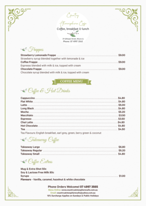 Menü-Design von SAI DESIGNS für Country Atmosphere Cafe | Design: #26028700