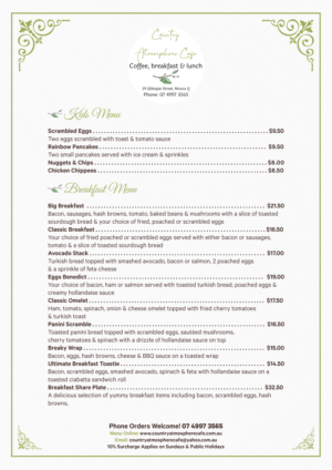 Menü-Design von SAI DESIGNS für Country Atmosphere Cafe | Design: #26028701