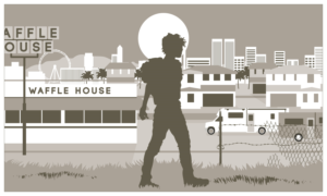 MAN ON MEAN STREETS OF LAS VEGAS AT SUNRISE | Illustration-Design von nicholash