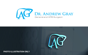 Dr. Andrew Gray (large text - top line) followed by the text underneath,  General and HPB Surgeon   in smaller font on the second line. Image to be on the left on text (or we can try above if that looks better). | Logo Design by MT