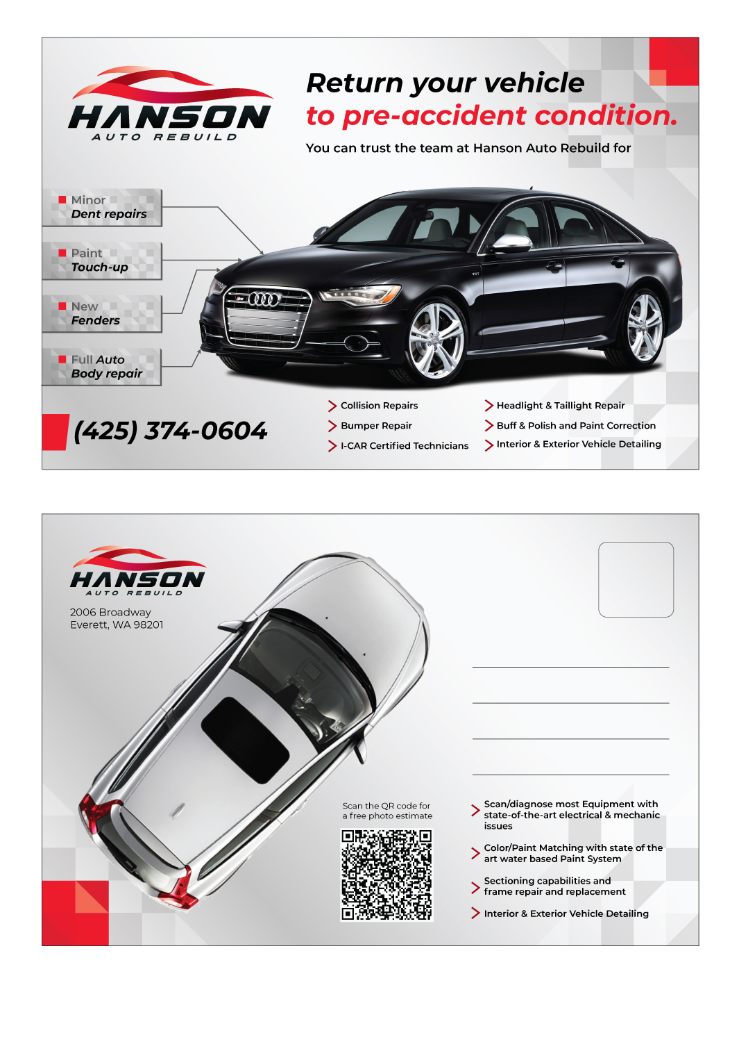 Postcard Design by saurov for Hanson Auto Rebuild | Design #26134742
