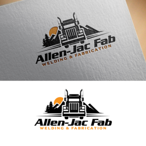 Allen-Jac Fab with maybe Welding & Fabrication at the bottom with some mountains and a big rig in the middle | Logo Design by Graphic Bricks
