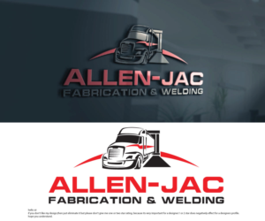 Allen-Jac Fab with maybe Welding & Fabrication at the bottom with some mountains and a big rig in the middle | Logo Design by sekanul