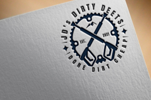 "JD's DIRTY DEETS" [business name] "done dirt cheap" [tagline] | Logo Design by Jennifer©