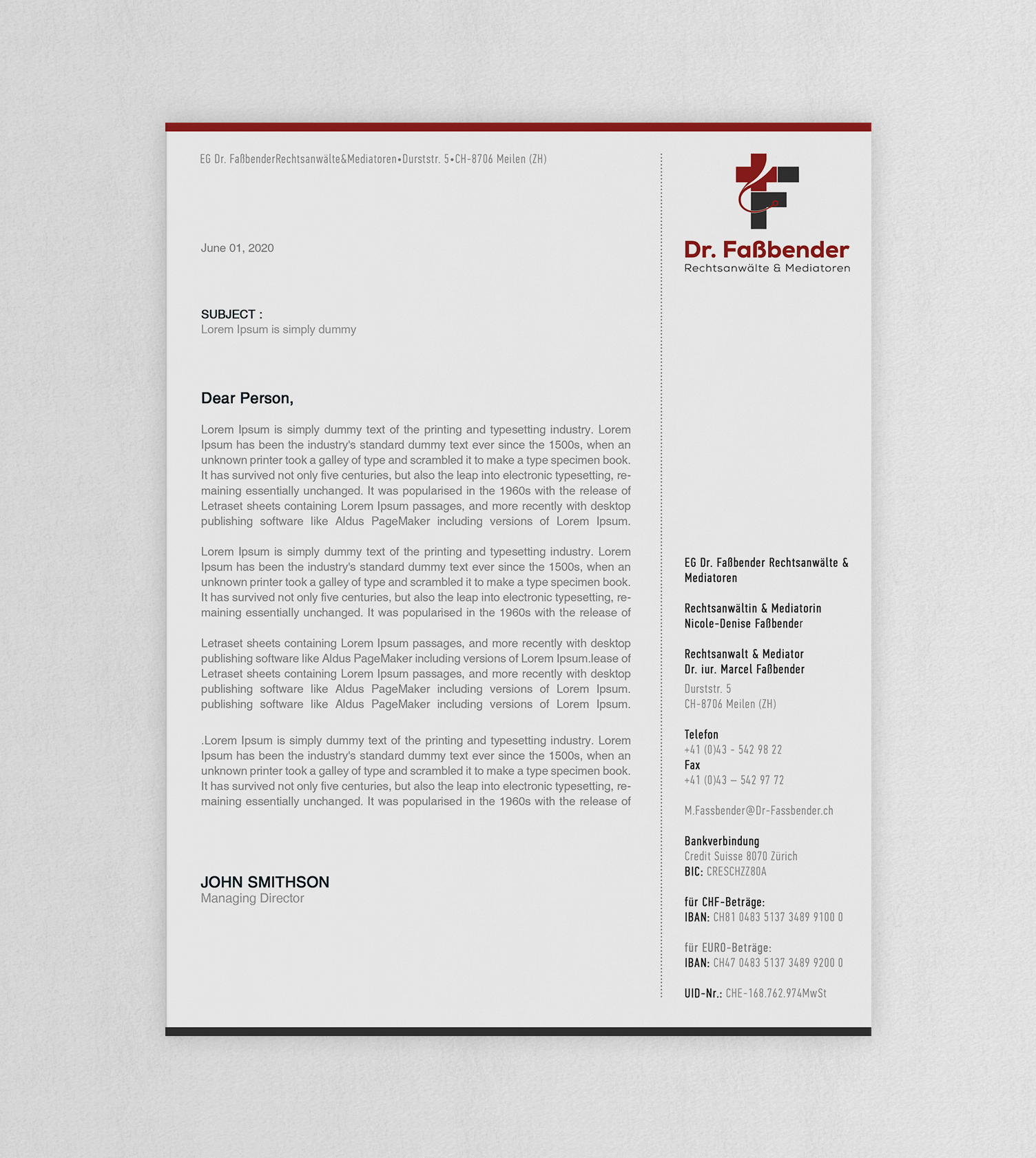 Letterhead Design by WebixBD for Dr. Fassbender Rechtsanwaelte & Mediatoren | Design #26412265