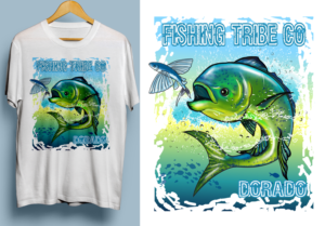 Fishing tribe. Dorado eating baitfish | T-shirt Design by SAI DESIGNS