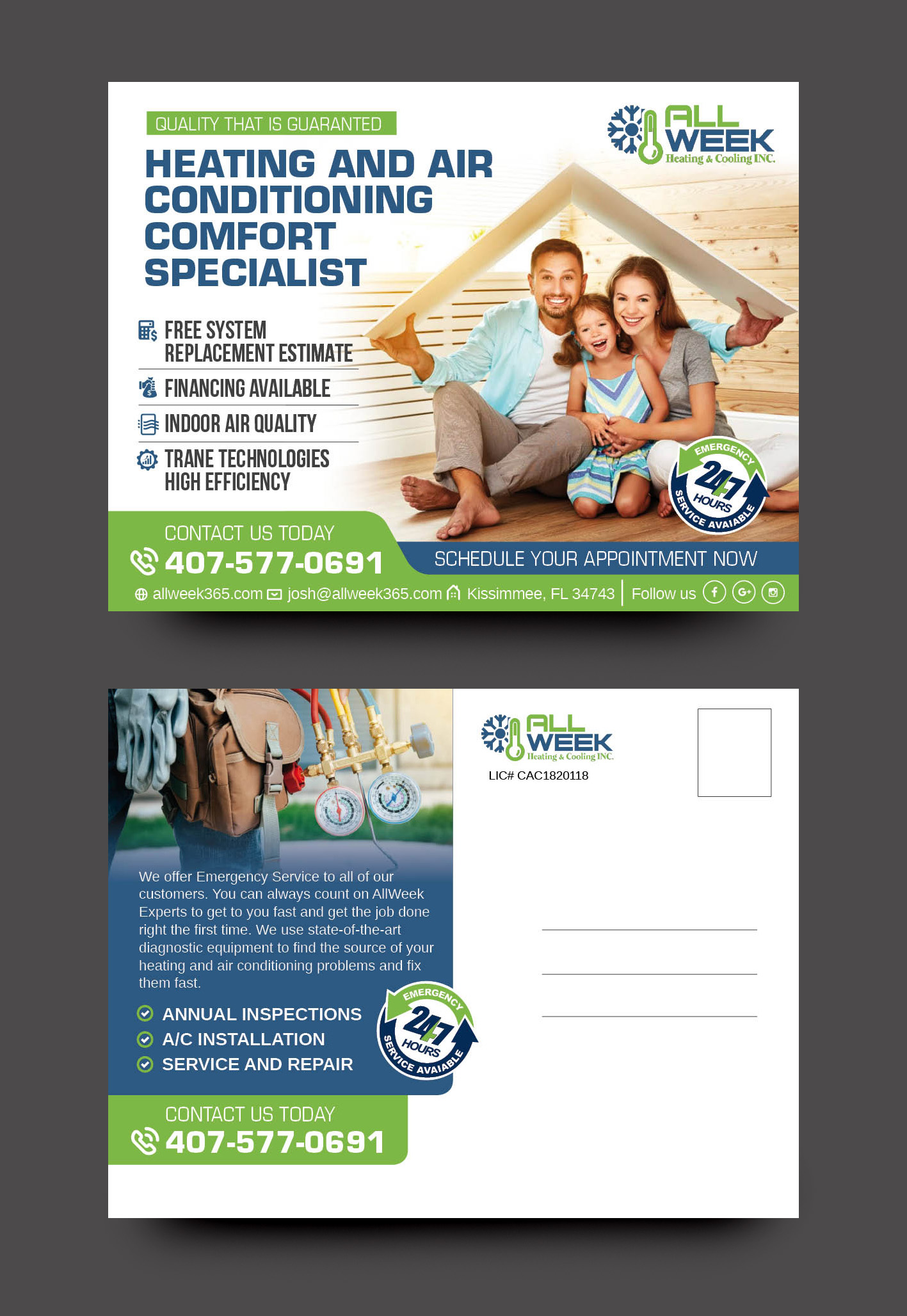 Postcard Design by rkailas for All Week Heating and Cooling Inc  | Design #26583072