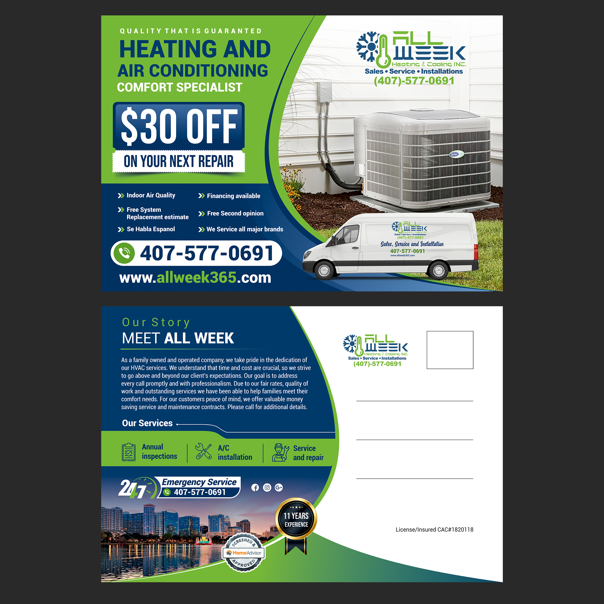 Design de Carte Postale par ecorokerz pour All Week Heating and Cooling Inc  | Design #26626352