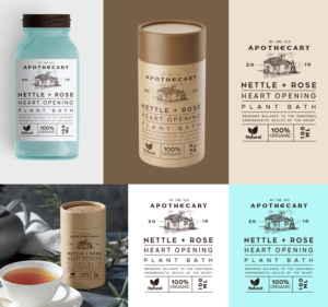 I would like to see if we can incorporate the name BY THE SEA APOTHECARY however this might make it too busy. Perhaps smaller lettering for "by the sea" and larger for "APOTHECARY". It also might be the case that adding this on the front makes things look too busy. I'm open to creative suggestions. | Label Design by Graphicsbox