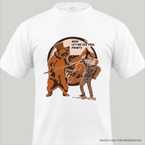 A bear with crown and spear/sword pointed at a man | T-shirt Design by kotakdesign