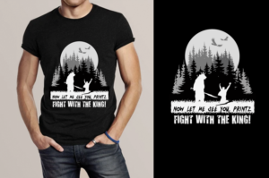 A bear with crown and spear/sword pointed at a man | T-Shirt-Design von umesh mahale