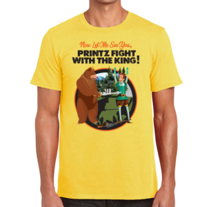 A bear with crown and spear/sword pointed at a man | T-shirt Design by Jul-D