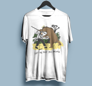 A bear with crown and spear/sword pointed at a man | T-shirt Design by dundun