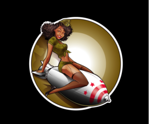 Bombs Away! WW2 Pinup Girl riding an Atomic Bomb wearing a bikini and heels