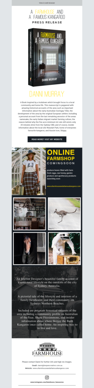 Press Release A FARMHOUSE AND A FAMOUS KANGAROO  book/website/on-line farmshop | Email Marketing Design by Expert Designer
