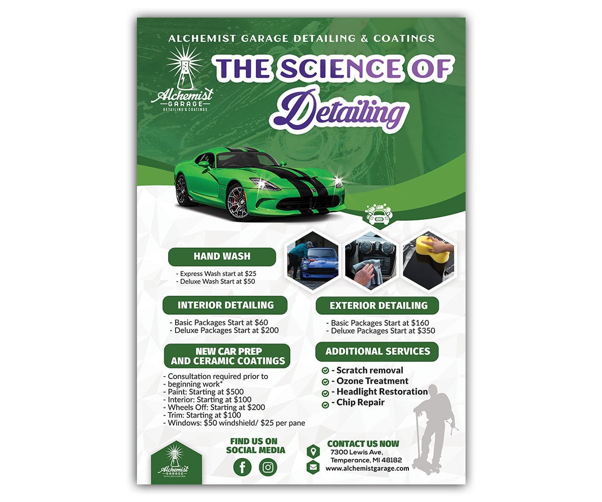 Flyer Design by Masoomia Graphics for alchemist garage detailing | Design #26941817