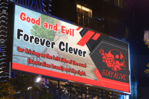 Clever on Billboard along a road with good on one side of the road and evil on the other side. | T-Shirt-Design von Petter Goms