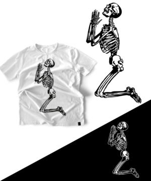 Skeleton that is kneeling and folding hands like its praying, with head looking up toward the sky | T-shirt Design by StudioD™