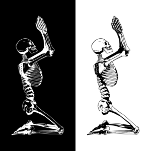 Skeleton that is kneeling and folding hands like its praying, with head looking up toward the sky | T-shirt Design by delegacydesign