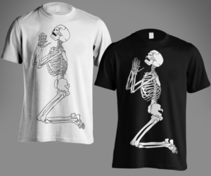 Skeleton that is kneeling and folding hands like its praying, with head looking up toward the sky | Design de T-shirt par Andi Yan