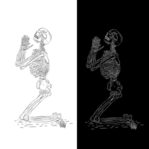 Skeleton that is kneeling and folding hands like its praying, with head looking up toward the sky | Design de T-shirt par dskyvbc