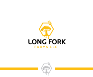Either no text or Long Fork Farms LLC. Interested in round "long" fork graphic stabbing a mushrrom with a honey bee in the background, but also looking forward to your own creative designs | Diseño de Logo por ecorokerz