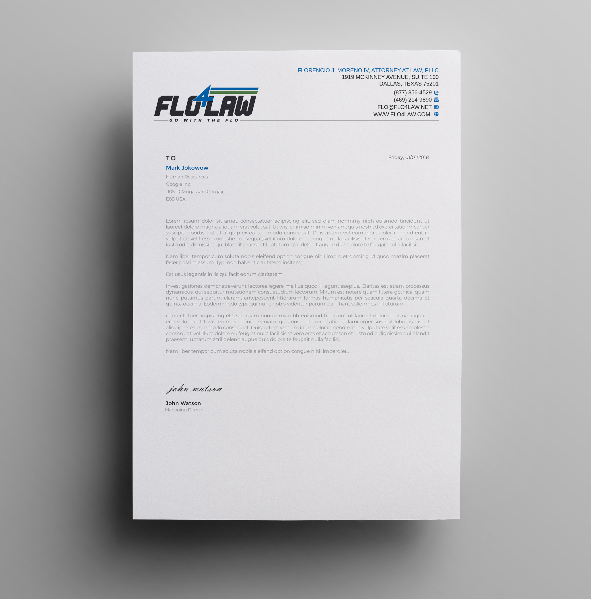 Letterhead Design by LAXMI DESIGNHUB for Florencio J Moreno IV | Design #27048051