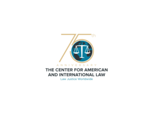 The Center for American and International Law; [something that reflects the 75th anniversary; the tagline - Law Justice Worldwide | Diseño de Logo por Atvento Graphics