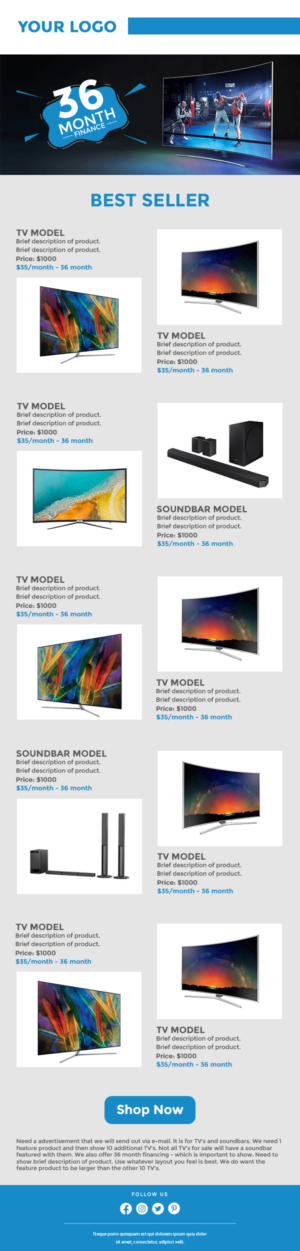 TV and Soundbar e-mail ad. Feature savings because of 36 month financing, show per month payments. | Diseño de Mercadeo por Correo Electrónico por Muhammad Saaed