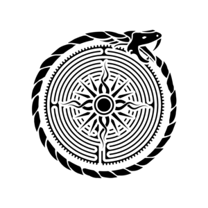 B&W Tattoo (12x12 cm): Chartres Cathedral labyrinth with a sun at the center and an Uroboros | Diseño de Tatuaje por ARTchemist