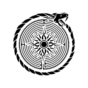 B&W Tattoo (12x12 cm): Chartres Cathedral labyrinth with a sun at the center and an Uroboros | Tattoo Design by ARTchemist