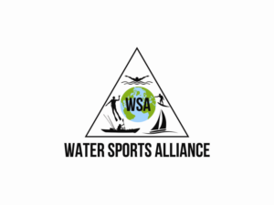 Water Sports Alliance -  appears under a Triangle, and inside the Triangle is a globe. Superimposed on the globe are 1. surfer, 2. swimmer 3. kayaker 4. rower 5. Boat 6. Free Diver ... representing some of the sports that interact with the water. Triangle in Black WSA in Blue / Green matching globe | Logo Design by BNdesigner
