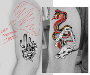 Left arm tattoo incorporating small jaw bone tattoo into larger piece | Tattoo Design by Jezzus