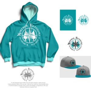 Norther Exposure, 44.789382 (degree symbol) N, -93.255072 (degree symbol) E, (a compass center, two pine trees | Diseño de Logo por Roger B.