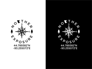 Norther Exposure, 44.789382 (degree symbol) N, -93.255072 (degree symbol) E, (a compass center, two pine trees | Logo-Design von BNdesigner