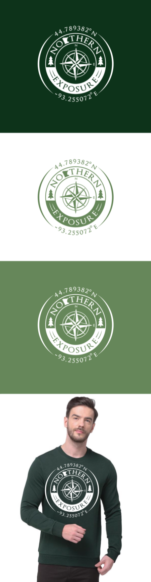 Norther Exposure, 44.789382 (degree symbol) N, -93.255072 (degree symbol) E, (a compass center, two pine trees | Diseño de Logo por HEAVEN ART
