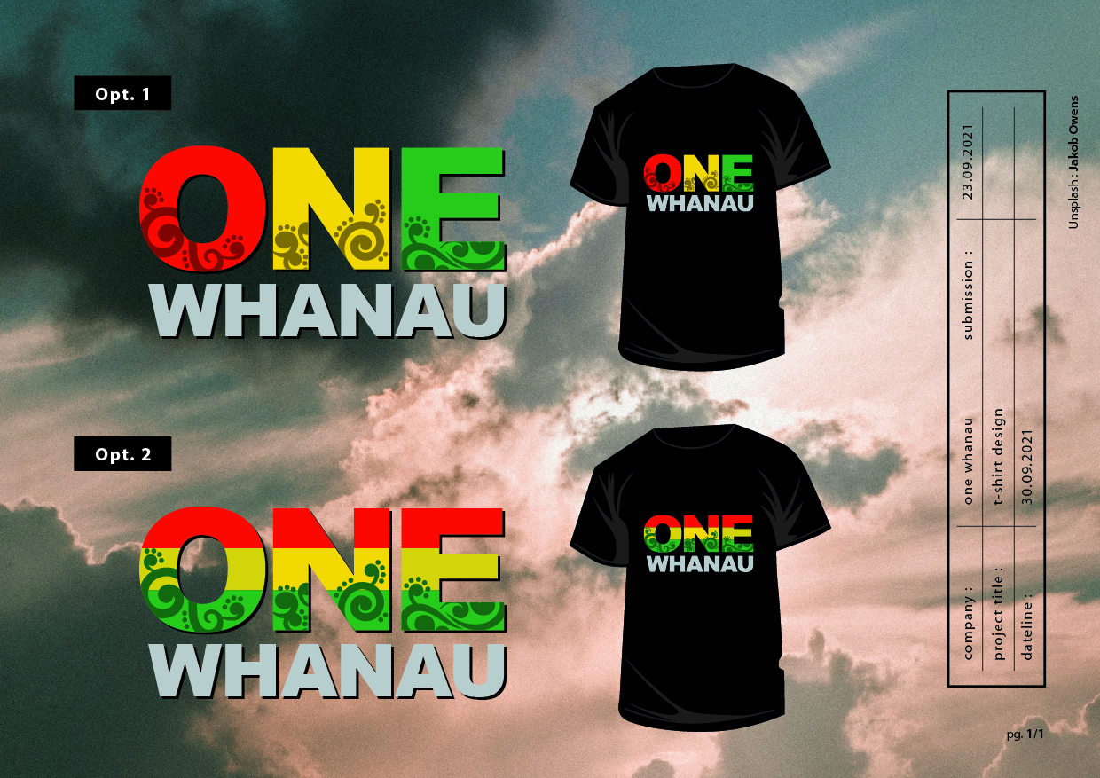 T-shirt Design by Lammy for One Whanau  | Design #27400141