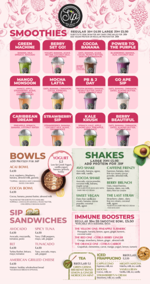 Design a sleek menu  for our new smoothie and snacks shop”Sip” | Diseño Gráfico por mrmrnjr