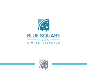 Blue Square (pizza?) with a tagline below in smaller font 