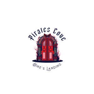 Pirates Cove (pirate font) top Red door center image vector with a st color and a big chunky door knocker. Must have a red and black variation. Two doors with arch on top. Middle at Hike’s Landing. Bottom .Colors - midnight blue, deep pirate red, black Providing a logo as example of composition.  | Diseño de Logo por GenArt