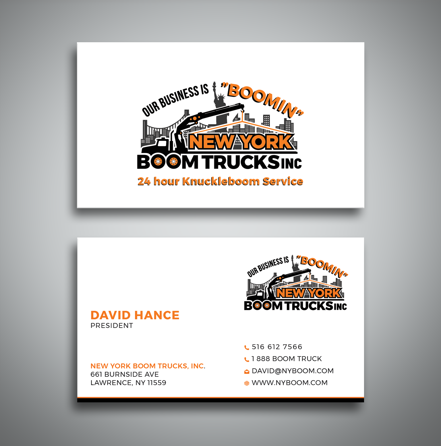 Business Card Design by Creative Moon Design for New York Boom Trucks Inc | Design #28258034