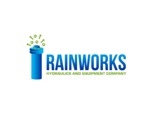 Rainworks logo would like nut & bolts raining off a cylinder high vis  blue and green color in logo  | Logo Design by BNdesigner