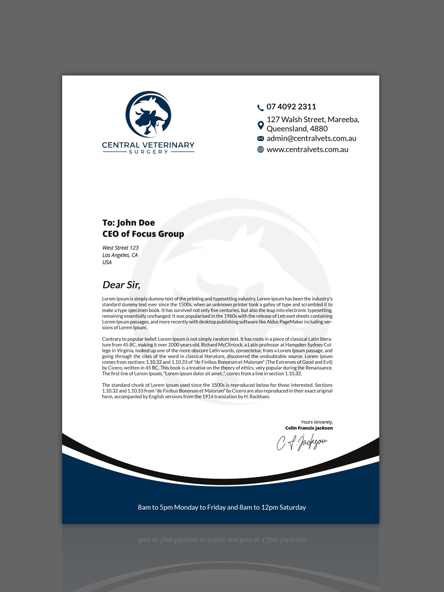 Letterhead Design by n214008 for Central Veterinary Surgery | Design #28350776