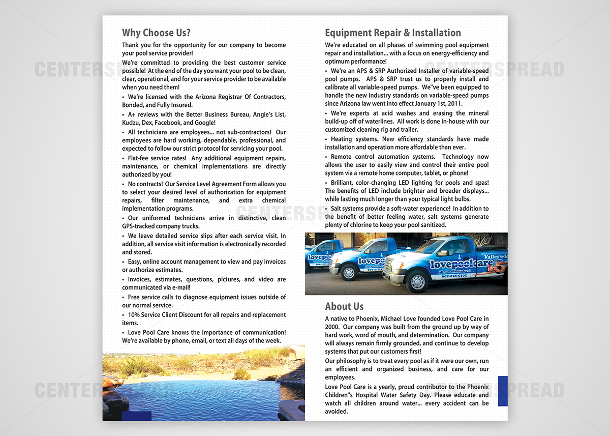 Diseño de Brochure por CENTERSPREAD para Love Pool Care | Diseño #3098746