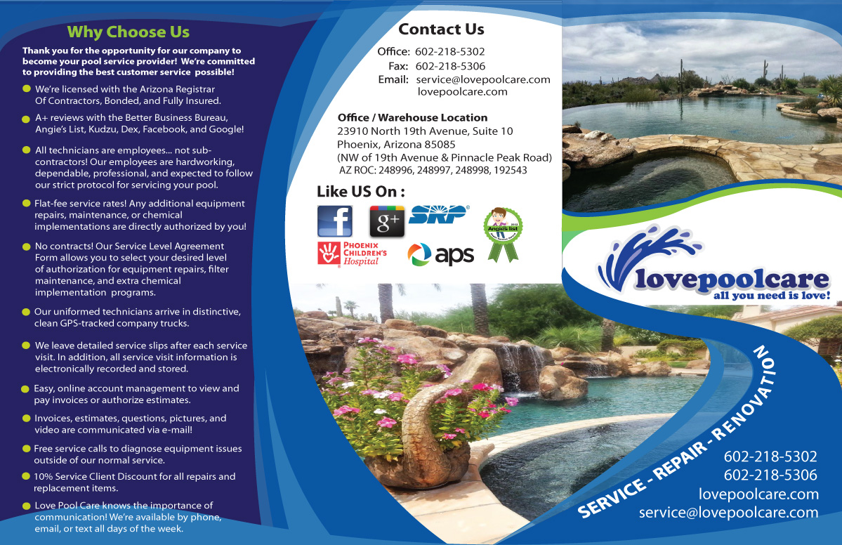 Brochure Design by T2Dezign for Love Pool Care | Design #3112255