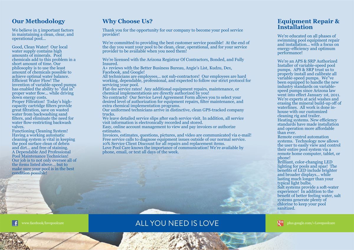 Diseño de Brochure por barinix para Love Pool Care | Diseño #3083597